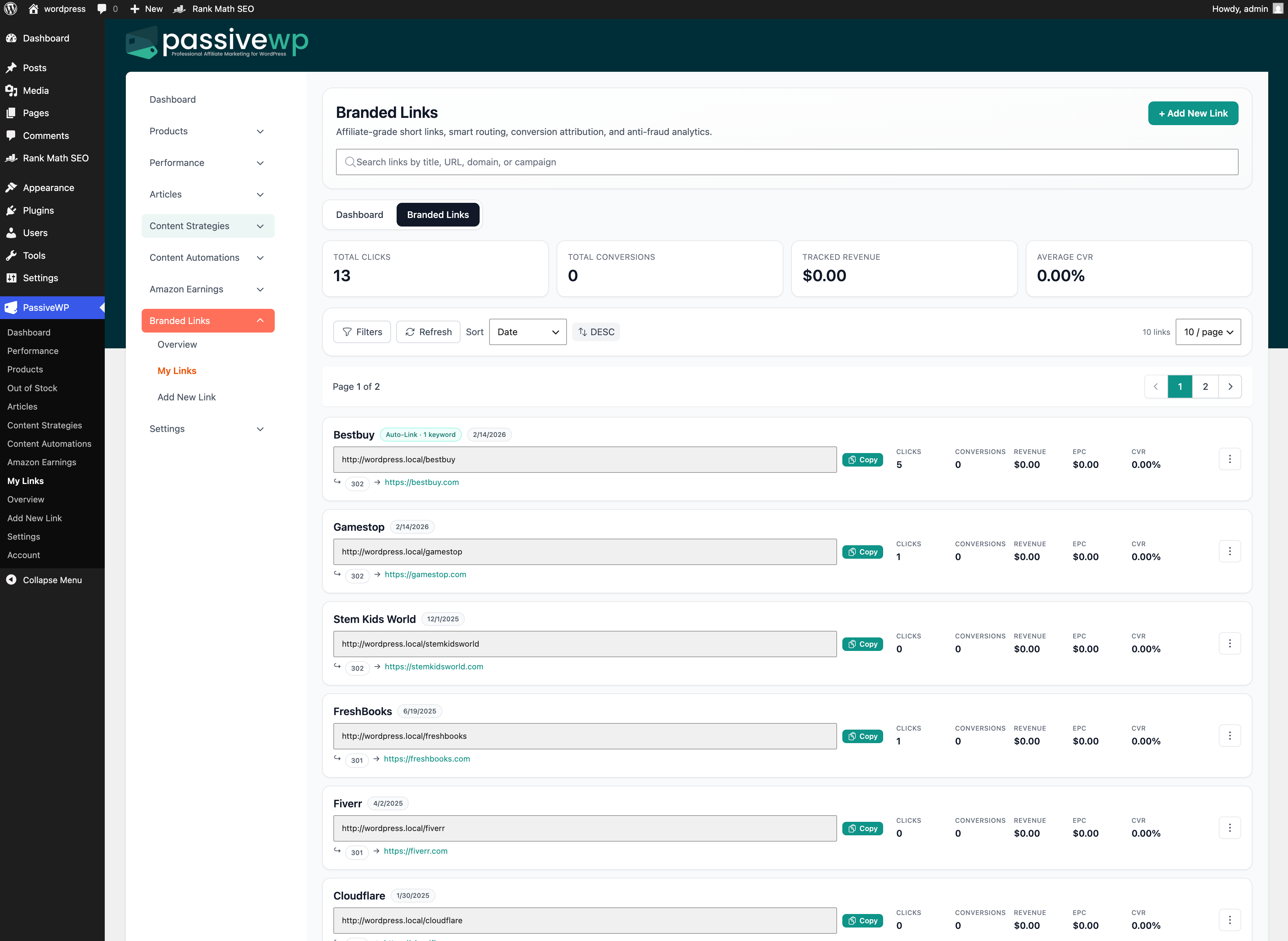 PassiveWP branded links dashboard