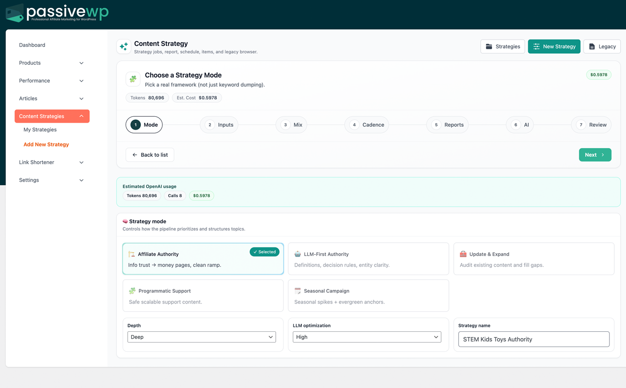 PassiveWP AI strategy workflow